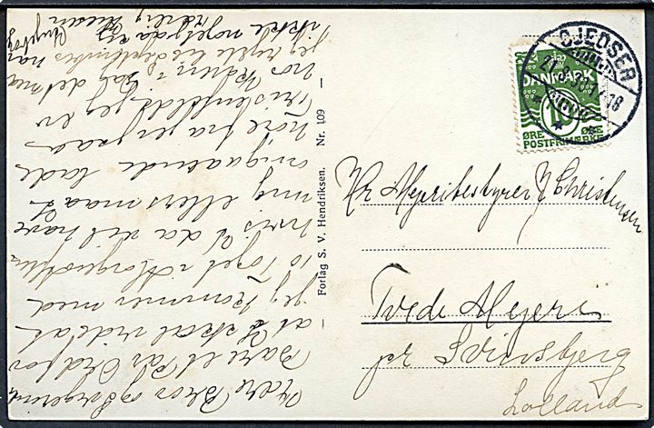 10 øre Bølgelinie på brevkort (Gedser kirke) annulleret med brotype Ic Gjedser d. 21.8.1930 til Tvede Mejeri pr. Svinsbjerg, Lolland.