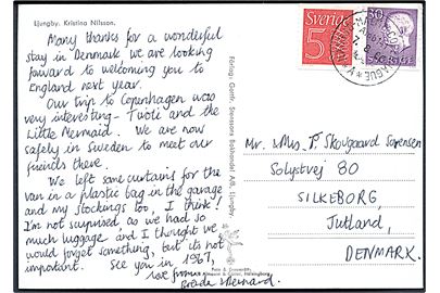 5 öre Ciffer og 30 öre Gustaf på brevkort fra Ljungby annulleret med bureaustempel Nässjö - Malmö - Copenhague / Amb 141 / *A* d. 7.8.1966 til Silkeborg, Danmark.