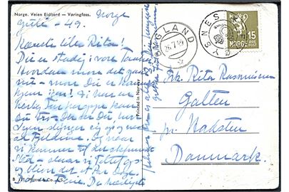 15 øre Løve på brevkort annulleret med kronet posthornstempel FRØYSNES og sidestemplet Bygland d. 26.7.1949 til Galten pr. Hadsten, Danmark. Kortet lidt slidt.