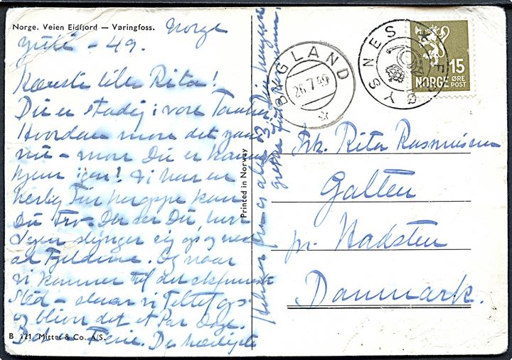 15 øre Løve på brevkort annulleret med kronet posthornstempel FRØYSNES og sidestemplet Bygland d. 26.7.1949 til Galten pr. Hadsten, Danmark. Kortet lidt slidt.