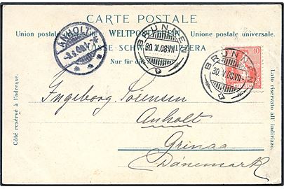 10 c. på brevkort (Tunnel på Rigibahn) annulleret Brunnen d. 30.5.1908 til Anholt pr. Grenaa, Danmark. Ank.stemplet brotype Ia Anholt d. 3.6.1908.