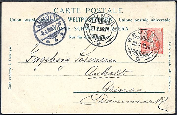 10 c. på brevkort (Tunnel på Rigibahn) annulleret Brunnen d. 30.5.1908 til Anholt pr. Grenaa, Danmark. Ank.stemplet brotype Ia Anholt d. 3.6.1908.
