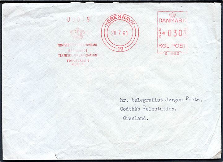 30 øre frankostempel fra Ministeriet for Grønland, Grønlands Tekniske Organisation i København d. 28.7.1961 til Godthåb Telestation, Grønland.