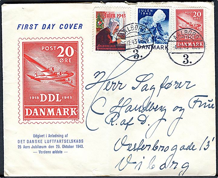 20 øre DDL, samt Julemærke 1943 og Aalborg Alm. Understøttelsesforening Julemærke 1943 (fold) på illustreret DDL kuvert fra Aalborg d. 6.12.1943 til Viborg. Fold.