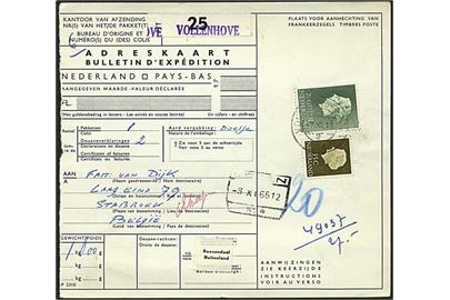 35 cent og 2½ gylden Wilhelmina på internationalt adressekort for pakke fra Vollenhove d. 7.11.1966 til Stabroek, Belgien. 