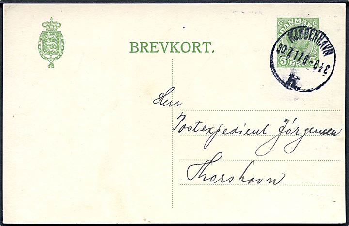 5 øre Chr. X helsagsbrevkort fra Kjøbenhavn d. 30.7.1917 til postekspedient Jørgensen i Thorshavn, Færøerne.