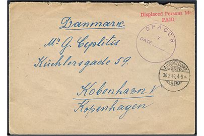 Ufrankeret brev stemplet Displaced Persons Mail / Free fra baltisk flygtning i D.P. Camp i Augustdorf ved Detmold d. 30.3.1949 til København, Danmark. Violet lejr-stempel: DPACCS / 7 / Date___