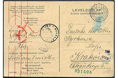 Ufrankeret fortrykt interneret brevkort fra interneret polsk soldat i Fertőszentmiklós d. 28.2.1941 til Krakov, Deutsche Post Osten. Fra polsk soldat som i 1939 flygtede til Ungarn. Ungarsk og tysk censur.