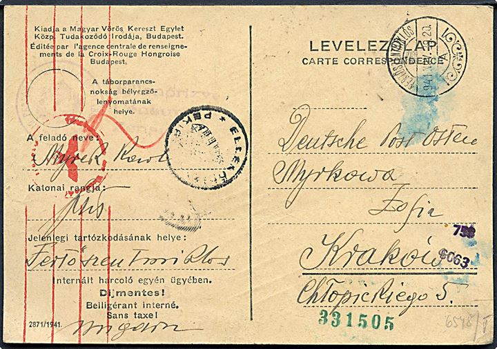 Ufrankeret fortrykt interneret brevkort fra interneret polsk soldat i Fertőszentmiklós d. 28.2.1941 til Krakov, Deutsche Post Osten. Fra polsk soldat som i 1939 flygtede til Ungarn. Ungarsk og tysk censur.