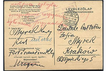 Ufrankeret fortrykt interneret brevkort fra polsk soldat interneret i Fertőszentmiklós stemplet Kapuvar d. 17.2.1941 til Krakov, Deutsche Post Osten. Ungarsk censur.