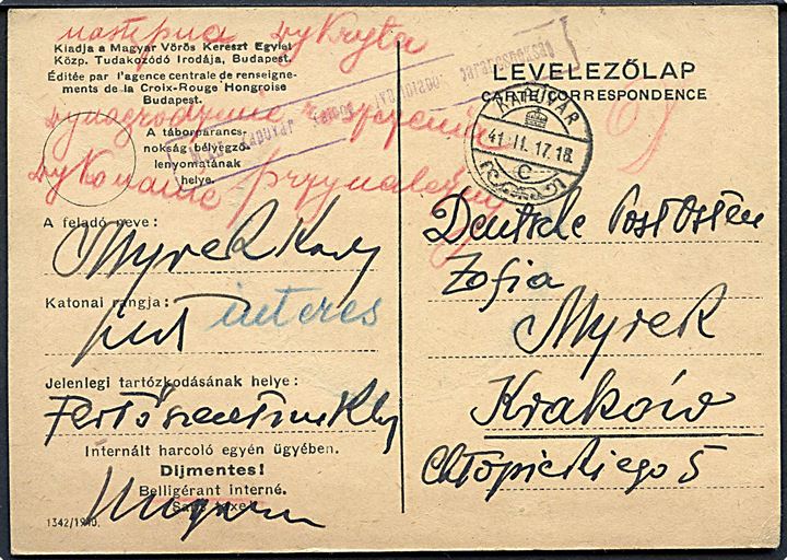 Ufrankeret fortrykt interneret brevkort fra polsk soldat interneret i Fertőszentmiklós stemplet Kapuvar d. 17.2.1941 til Krakov, Deutsche Post Osten. Ungarsk censur.