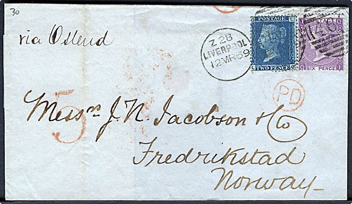 2d og 6d Victoria på brev påskrevet via Ostend annulleret med duplex Liverpool / 466 d. 12.3.1869 via London og Kiøbenhavn til Frederikstad, Norge. Rødt PD og 5 stempel.