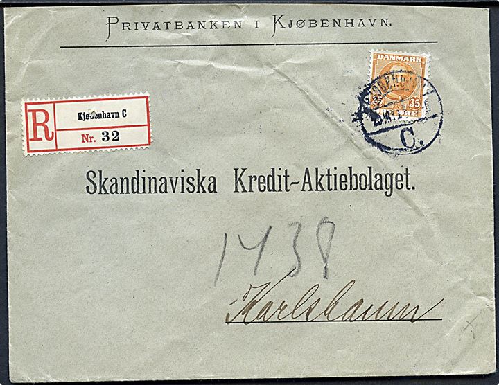 35 øre Fr. VIII single på anbefalet brev fra Kjøbenhavn C. d. 2?.10.1913 til Karlshamn, Sverige.