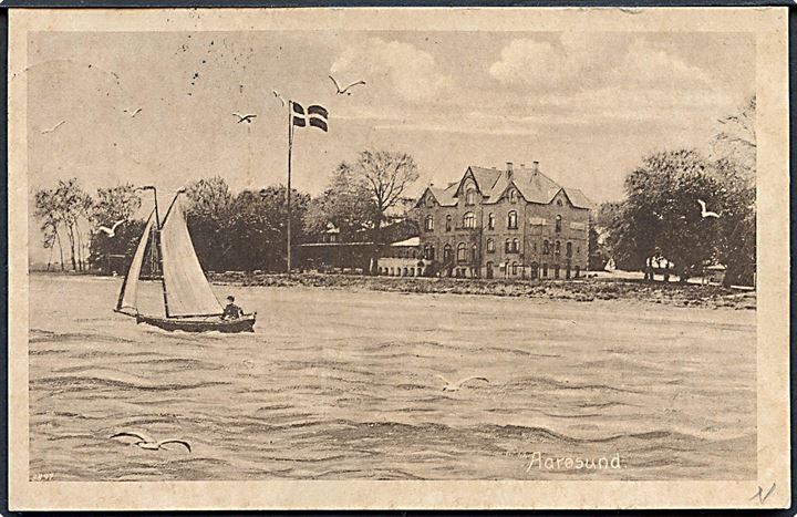 15 øre Chr. X på brevkort annulleret med sjældent brotype IIb Aarøsund Havn d. 30.6.1922 til Naarup på Fyn.