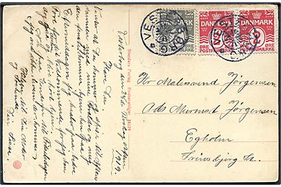 2 øre (par) og 3 øre Bølgelinie på brevkort dateret d. 26.?.1919 annulleret med stjernestempel VESTERBORG til Egholm pr. Svinsbjerg St.