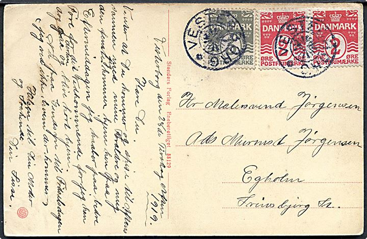 2 øre (par) og 3 øre Bølgelinie på brevkort dateret d. 26.?.1919 annulleret med stjernestempel VESTERBORG til Egholm pr. Svinsbjerg St.