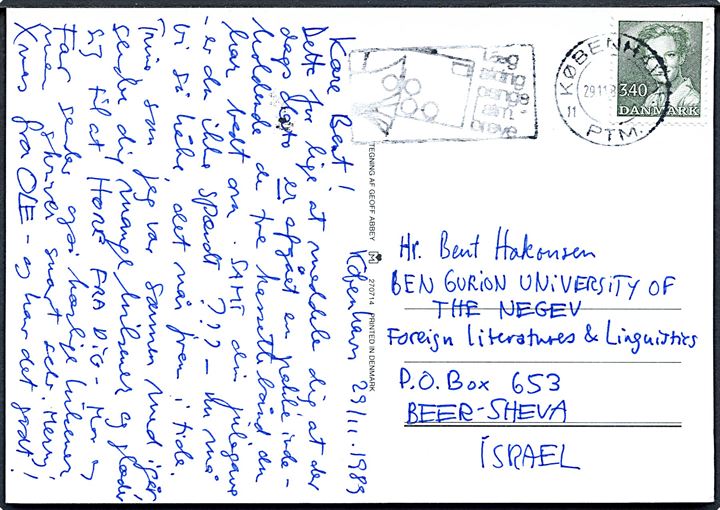 3,40 kr. Margrethe single på brevkort fra København d. 29.11.1989 til Beer-Sheva, Negev, Israel.