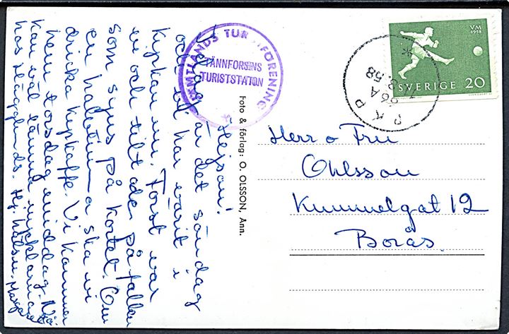 20 øre Fodbold VM på brevkort fra Tännforsens Turiststation annulleret med bureaustempel PKP 66A (= Bollnäs - Långsele) d. 11.8.1958 til Borås.