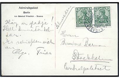 Tysk 5 pfg. Germania i parstykke på brevkort (Admiralspalast, Berlin) annulleret med svensk skibsstempel Sassnitz - Trelleborg * 142A * d. 3.3.1912 til Stockholm, Sverige.