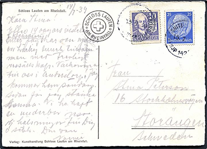 Tysk 25 pfg. Hindenburg og svensk 10 öre Swedenborg på brevkort annulleret med svensk skibsstempel Sassnitz - Trelleborg *142C* d. 15.7.1939 til Sverige.