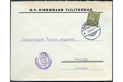 3½ mk. Løve på brev fra O.Y. Virenojan Tiilithdas annulleret med bureaustempel Postilj. v. L-L (Lovisa - Lathi) d. 13.3.1943 til Svedala, Sverige. Finsk censur.
