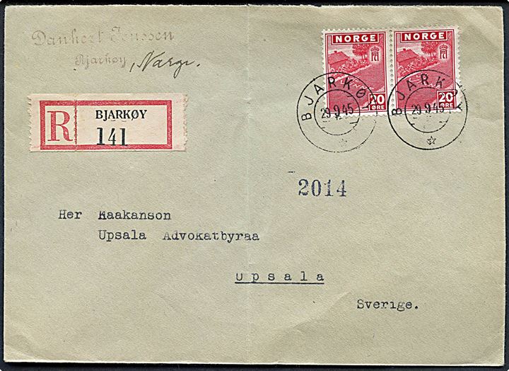 20 øre London udg. i parstykke på anbefalet brev fra Bjarkøy d. 29.9.1945 til Upsala, Sverige. På bagsiden Postoblat.