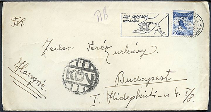 30 c. på brev fra Bern d. 25.4.1942 til Budapest, Ungarn. Sendt fra den ungarske legation i Bern. Stort censurstempel KÖV som menes at have forbindelse med diplomatpost.