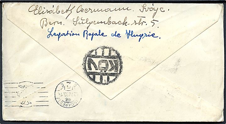 30 c. på brev fra Bern d. 25.4.1942 til Budapest, Ungarn. Sendt fra den ungarske legation i Bern. Stort censurstempel KÖV som menes at have forbindelse med diplomatpost.