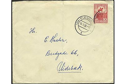 30 øre 1000 års udg. på brev annulleret med tysk stempel (24b) Flensburg d. 10.9.1958 til Videbæk. Fold.
