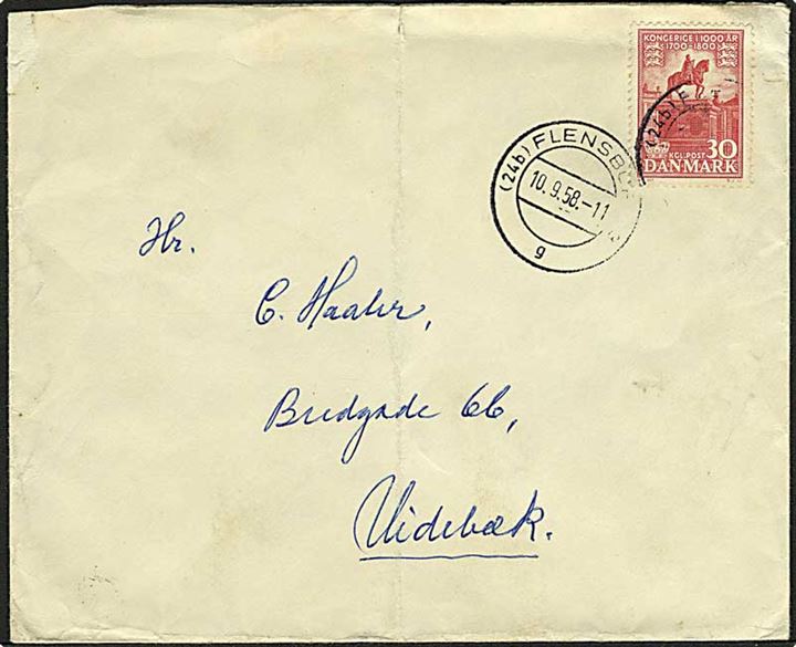 30 øre 1000 års udg. på brev annulleret med tysk stempel (24b) Flensburg d. 10.9.1958 til Videbæk. Fold.