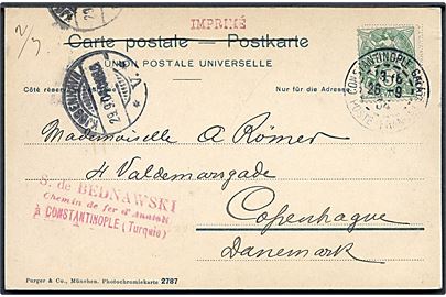 5 c. Levant udg. på brevkort sendt som tryksag fra Constantinople d. 26.9.1904 til København, Danmark.
