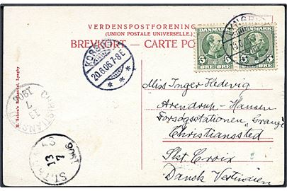 5 øre Chr. IX i parstykke på brevkort (Baadebroen ved Frederiksdal) stemplet Lyngby d. 19.6.1906 via Korsør og St. Thomas til Christiansted, St. Croix, Dansk Vestindien.