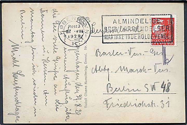 15 øre Karavel på brevkort annulleret med TMS København K./Almindelige Brevforsendelser maa ikke indeholde Penge d. 27.8.1929 med angivelse Rest3 til Berlin, Tyskland.