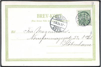 5 øre Våben på brevkort (Hilsen fra Bornholm) annulleret med stjernestempel KJØLLERGAARD og sidestemplet bureau Rønne - Nexø T.8 d. 1.11.1905 til København.