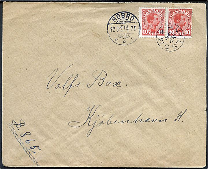 10 øre Chr. X i parstykke på brev annulleret med stjernestempel HVILSOM og sidestemplet Hobro d. 22.3.1921 til Kjøbenhavn.