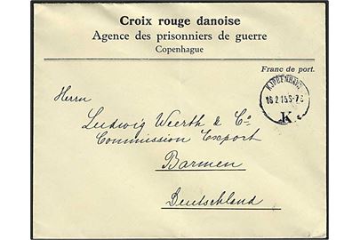 Ufrankeret fortrykt krigsfangeforsendelse fra Røde Kors Krigsfangekontor i Kjøbenhavn d. 16.2.1915 til Barmen, Tyskland. Fold.