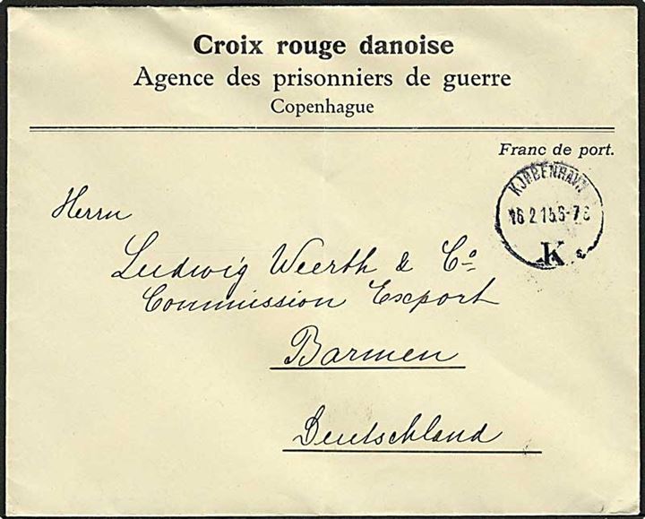 Ufrankeret fortrykt krigsfangeforsendelse fra Røde Kors Krigsfangekontor i Kjøbenhavn d. 16.2.1915 til Barmen, Tyskland. Fold.