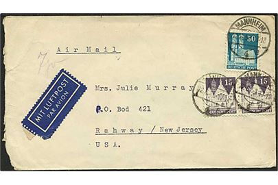 15 pfg. (2) og 50 pfg. Bygning på 80 pfg. frankeret luftpostbrev fra Mannheim d. 12.6.1950 til Rahway, USA.