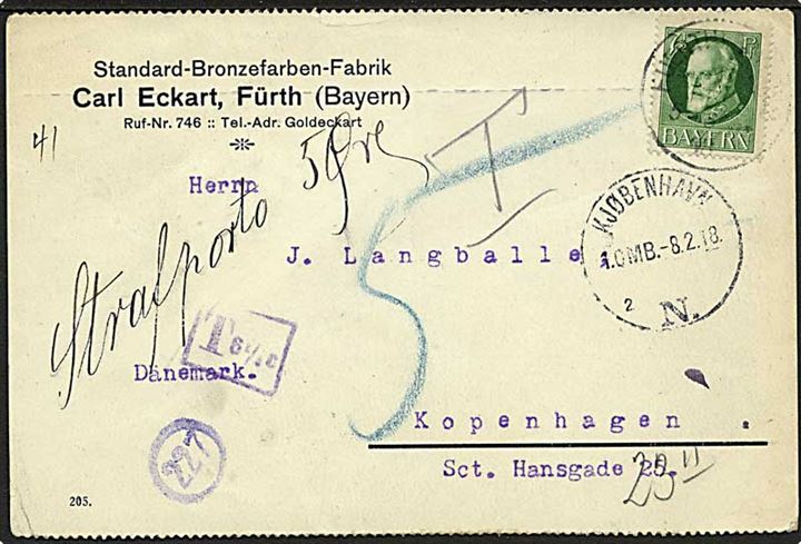 Bayern 7½ pfg. Leopold på underfrankeret brevkort fra Fürth d. 1.2.1918 til København, Danmark. Udtakseret i porto med rammestempel T 6 1/4 c. og påskrevet: Strafporto 5 øre.