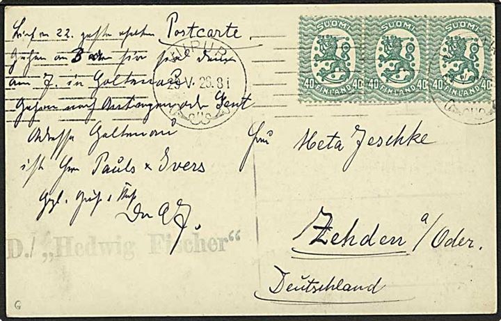 40 pen. Løve i 3-stribe på brevkort (foto af Viborg havn) stemplet Viipuri d. 29.5.1928 til Zehden, Tyskland. Privat skibsstempel: D./ Hedwig Fischer.
