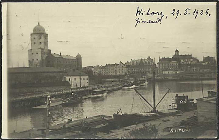 40 pen. Løve i 3-stribe på brevkort (foto af Viborg havn) stemplet Viipuri d. 29.5.1928 til Zehden, Tyskland. Privat skibsstempel: D./ Hedwig Fischer.