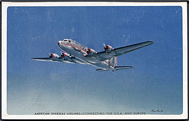 Douglas DC-6 fra American Overseas Airlines (A.O.A.) Reklamekort med foto af Ivan Dmitri. Anvendt på Island 1947.