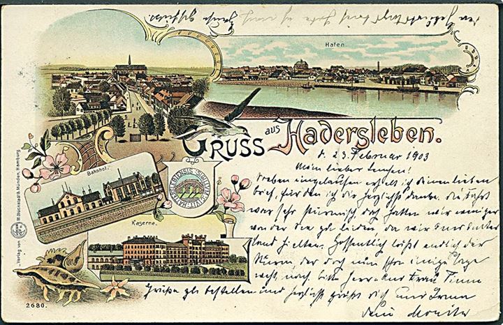 Haderslev, “Gruss aus” med banegaarden og kasernen. M. Glückstadt & Münden no. 2680.