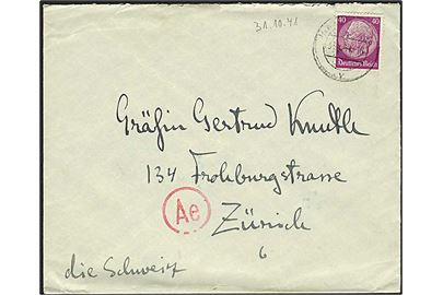 40 pfg. Germania på brev fra Hamburg d. 31.10.1941 til Zürich, Schweiz. Fra danske Konsulat i Hamburg. Passér stemplet af tysk censur.