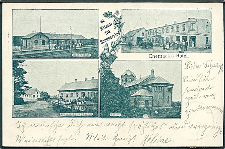 Sommersted, hilsen fra stationen og Enemark’s Hotel. U/no. Frankeret med 5 pfg. Germania stemplet Jels d. 24.12.1901.
