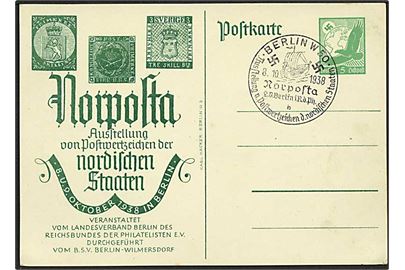 5 pfg. privat helsagsbrevkort fra Norposta udstilling med nordiske frimærker annulleret med udstillingsstempel i Berlin d. 8.10.19368.