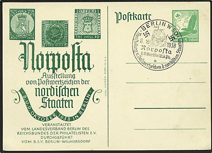 5 pfg. privat helsagsbrevkort fra Norposta udstilling med nordiske frimærker annulleret med udstillingsstempel i Berlin d. 8.10.19368.
