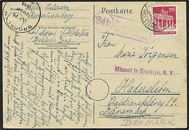 20 pfg. Bygning single på brevkort fra Marne d. 3.9.1948 til Haderslev, Danmark. Fejlsendt til USA med stempel: Missent to Brooklyn, N.Y.