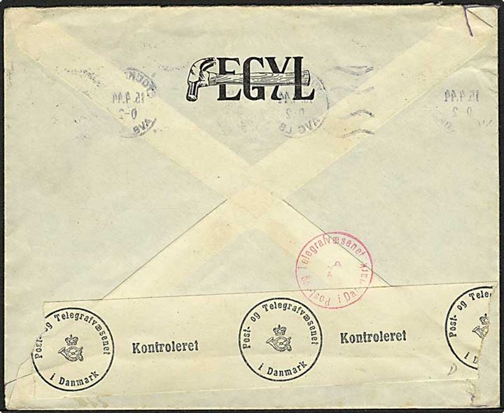 50 öre Luftpost single på luftpostbrev fra Stockholm d. 15.4.1944 til København, Danmark. Åbnet af dansk censur i København.