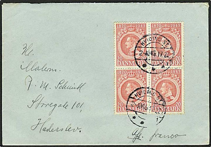 20 øre Chr. X 75 år i fireblok på brev stemplet Hviding St. 2.10.1945 til Haderslev.